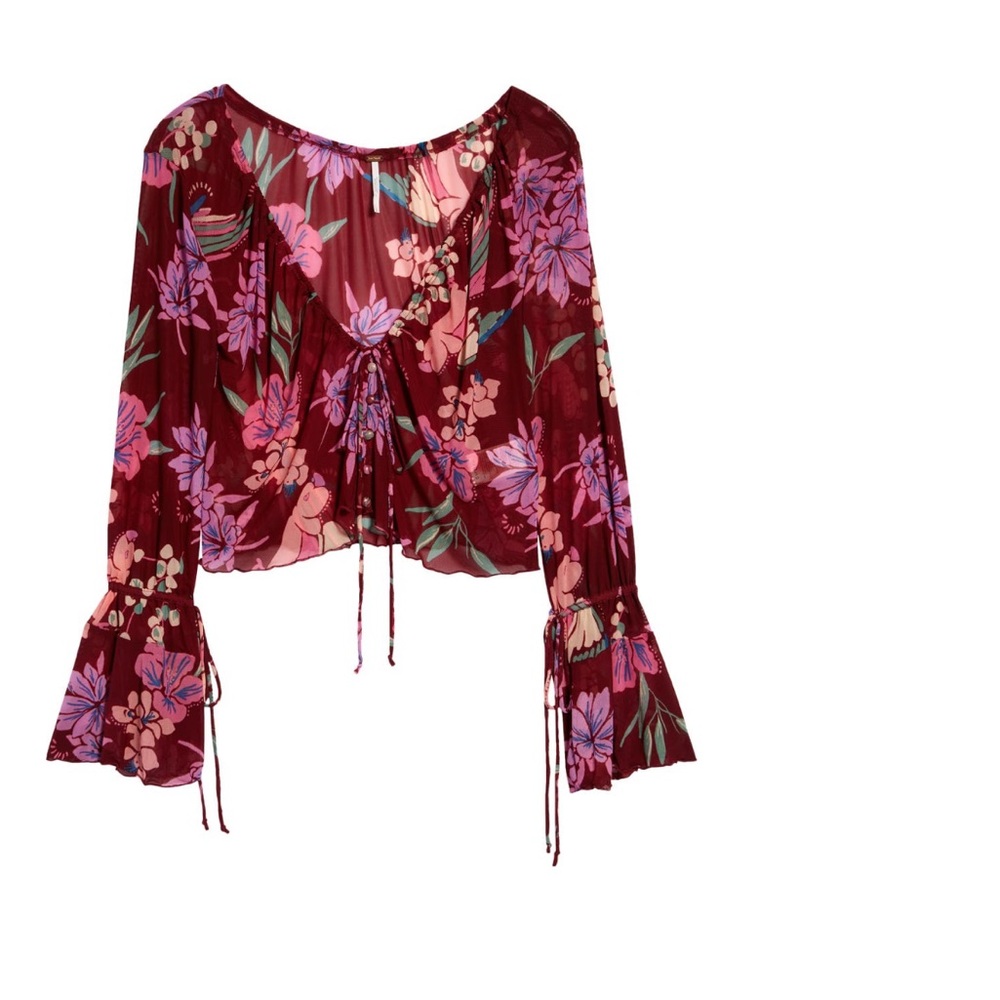 Free People Of Paradise Floral Bell Sleeve Cropped Blouse - Picture 6 of 6
